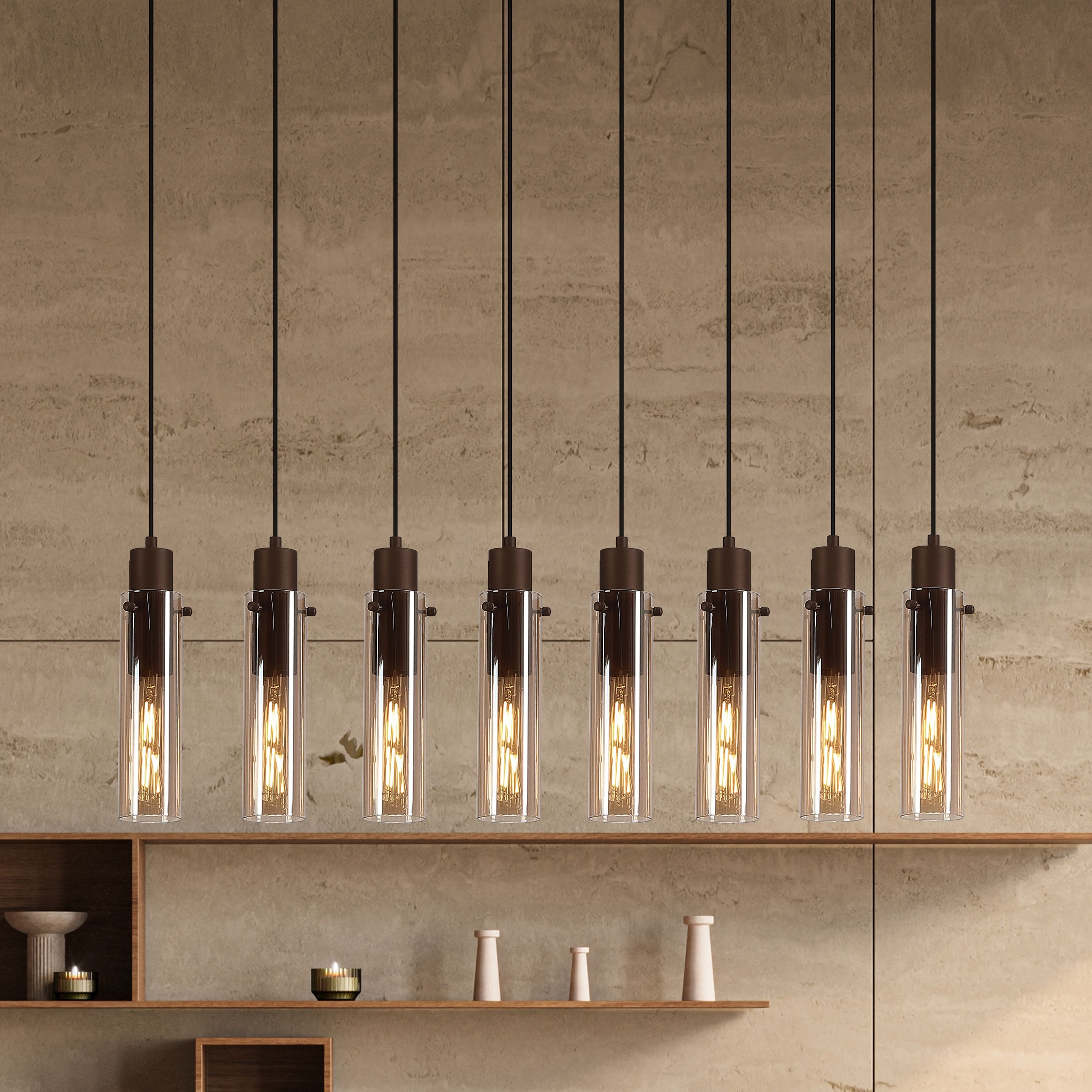 Searchlight Sweden II 8 light bar pendant styled in a hallway with dark curtains, lit