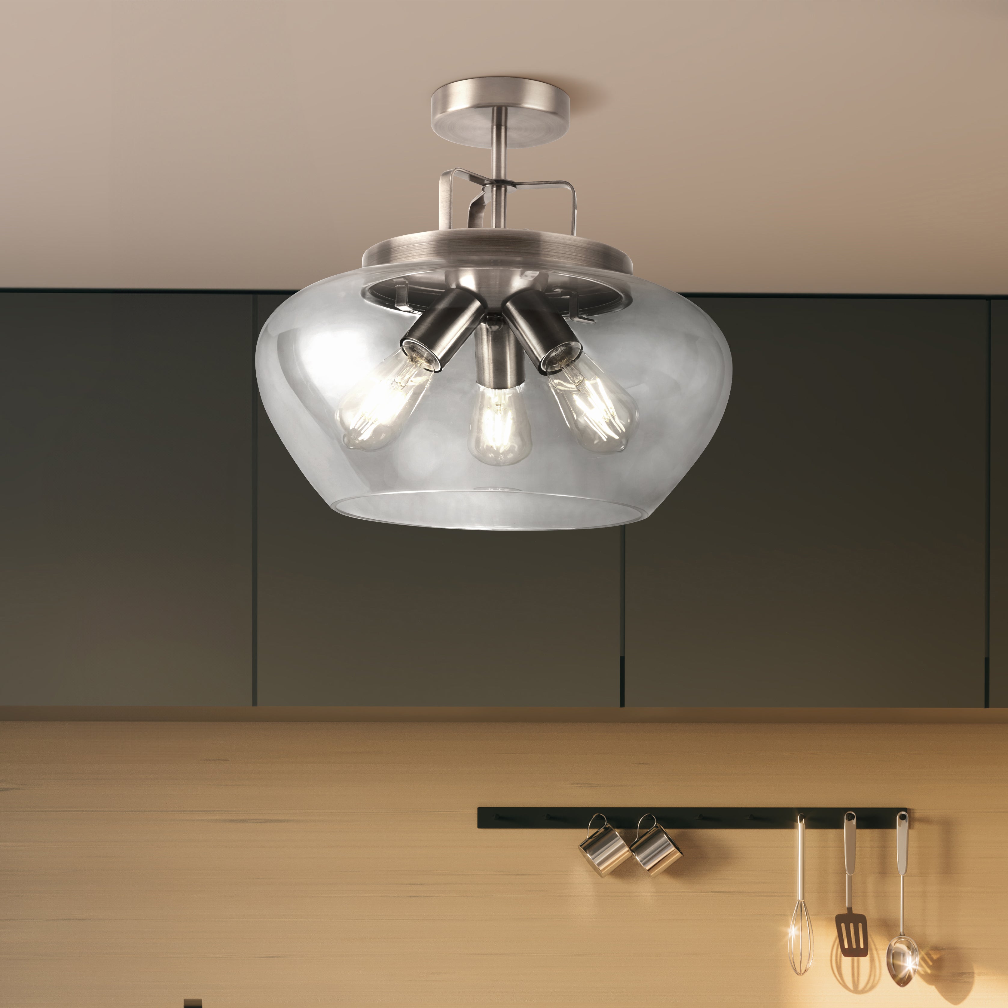 Searchlight Burleigh 3 Light Semi-Flush Ceiling Light - Silver & Clear Glass