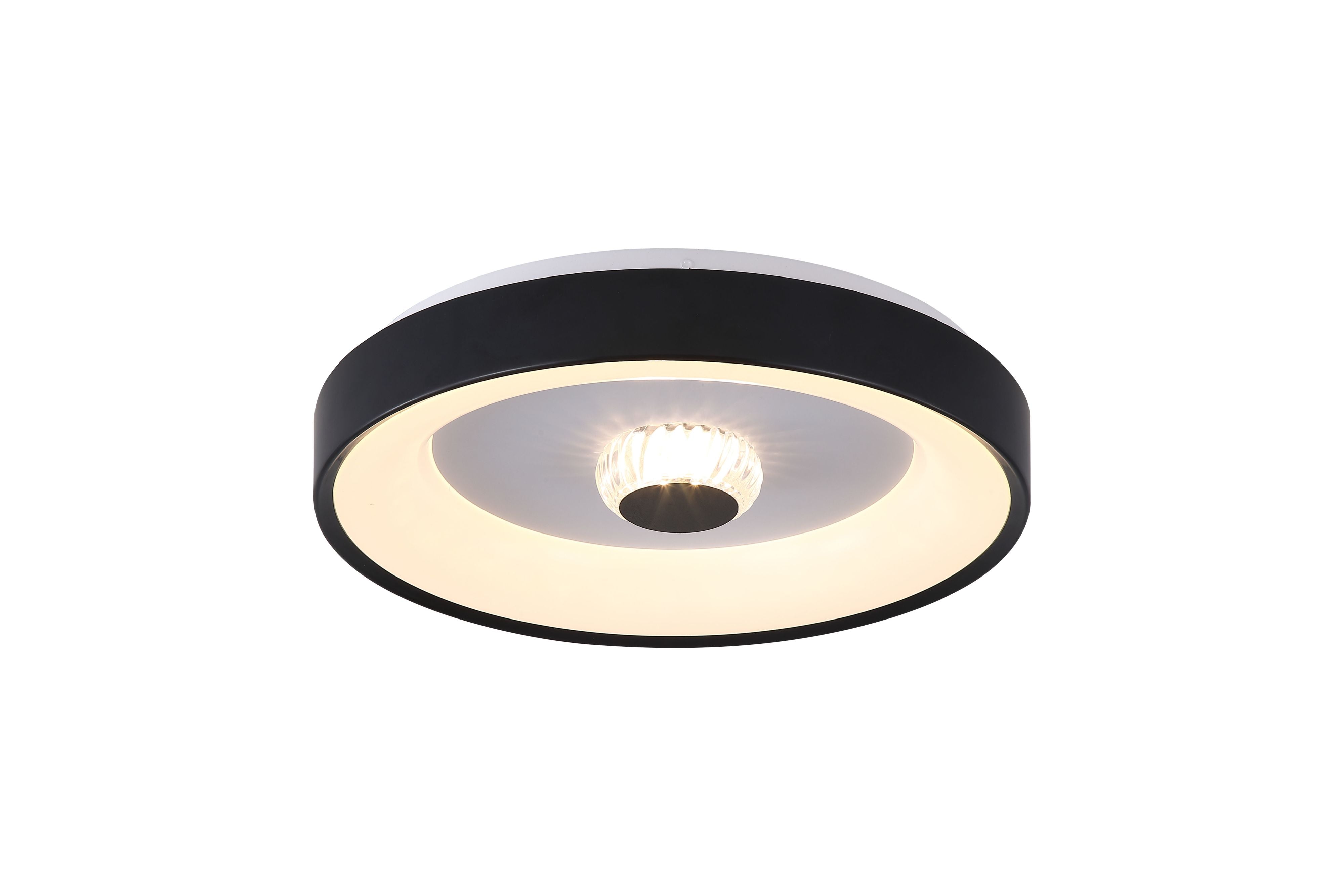 Searchlight Polka LED Flush ceiling light in matt black, angled view showing the black drum, glowing white ring and central faceted crystal detail against a plain white background