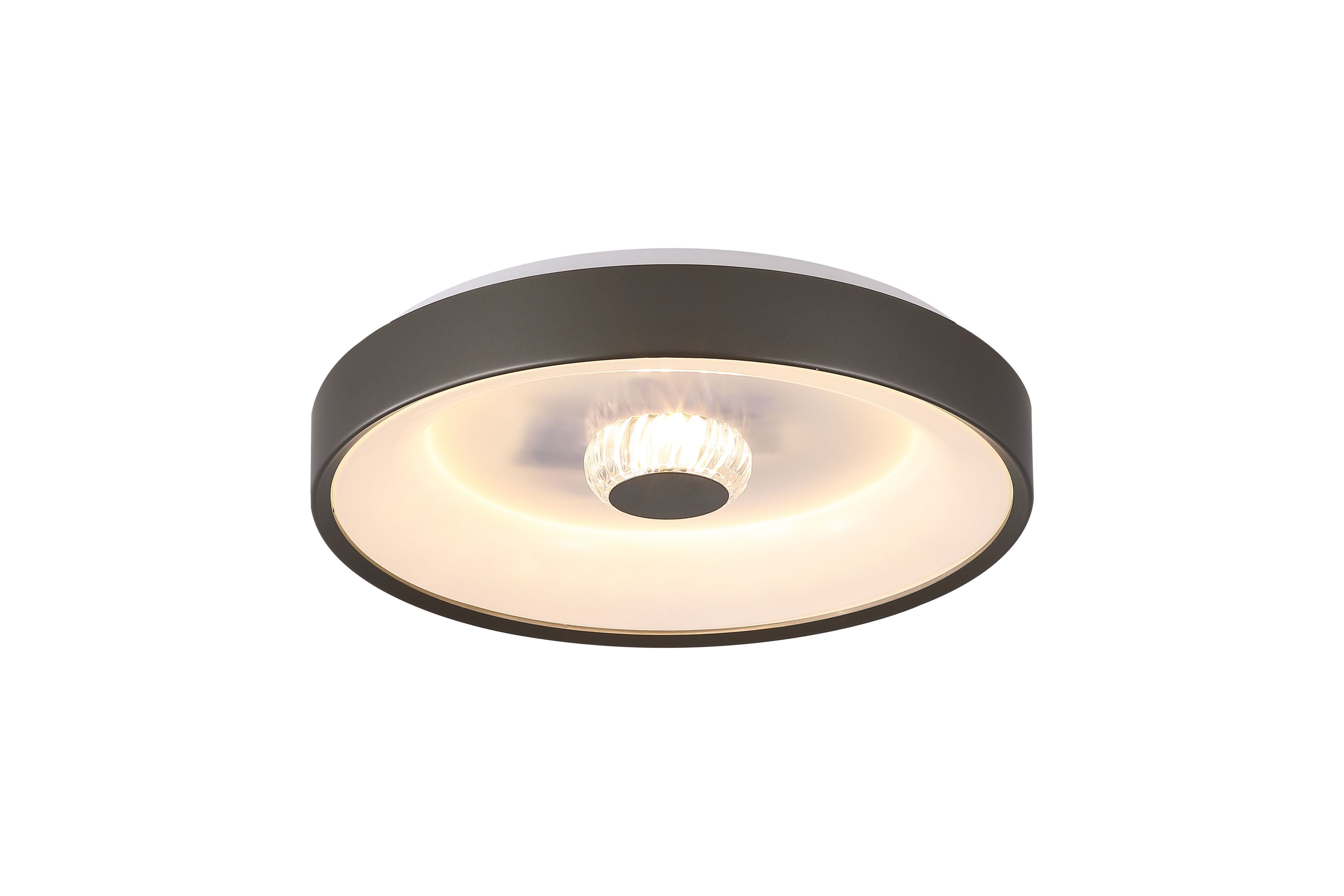 Searchlight Polka LED flush ceiling light in latte, angled studio shot showing the wide latte ring frame and softly lit centre with faceted lens detail