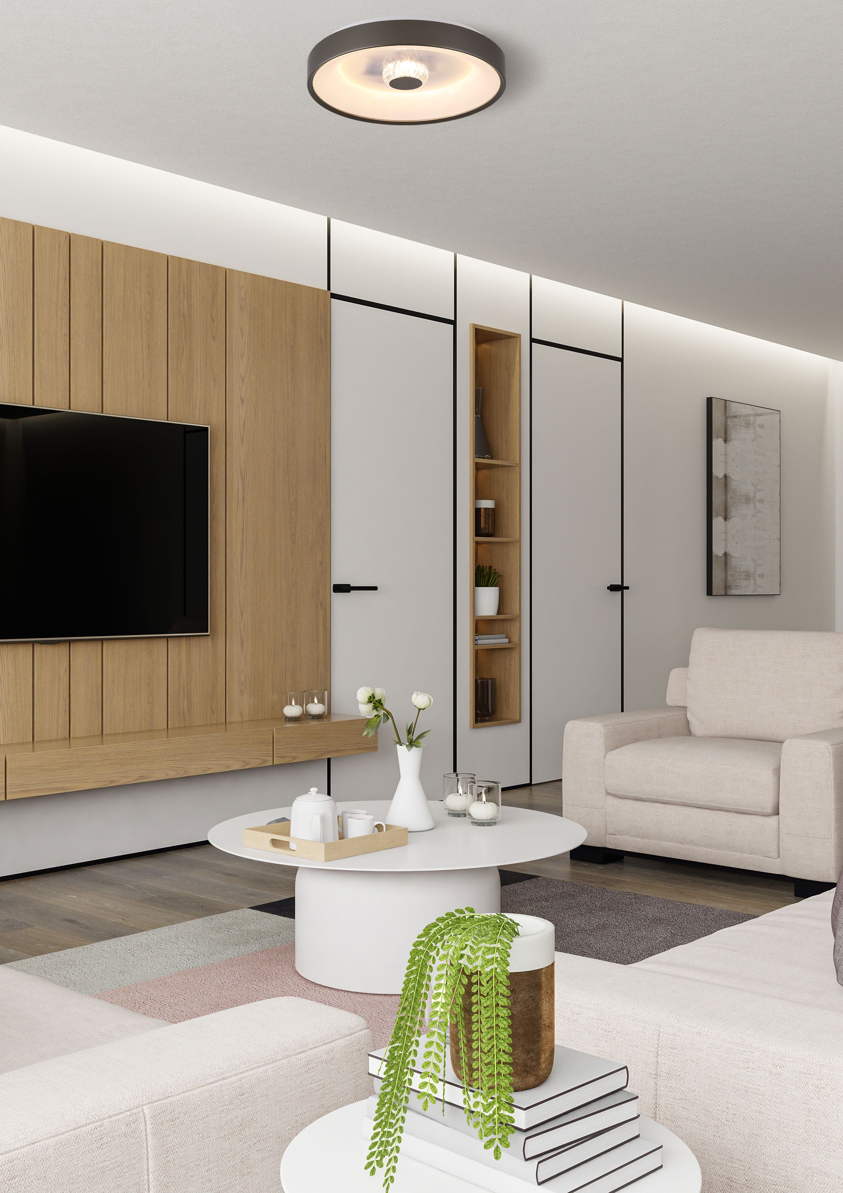 Searchlight Polka LED flush ceiling light in latte, styled on the ceiling of a modern living room above a wood panelled TV wall and beige sofa