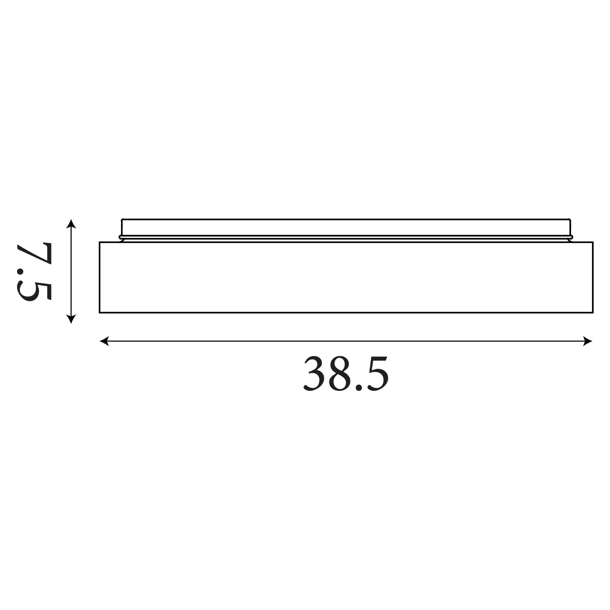 Technical line drawing of the Polka flush ceiling light showing dimensions of 7.5cm height and 38.5cm width