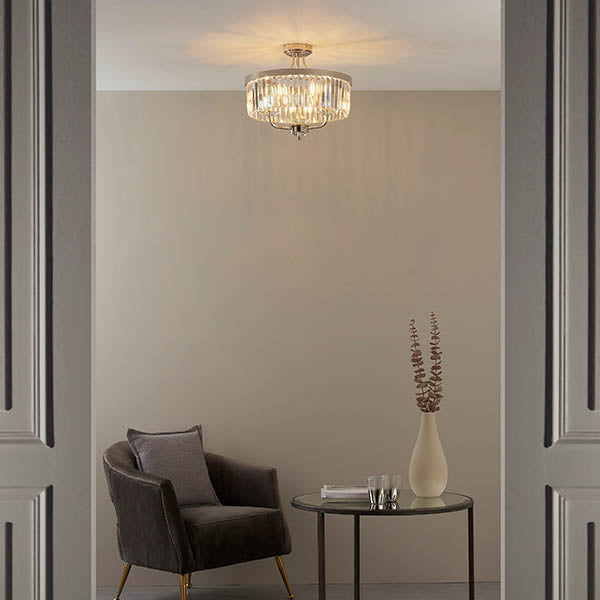 Utopia Martini 3 Light Semi Flush Fitting - Bright Nickel And Clear Glass - 45cm Diameter