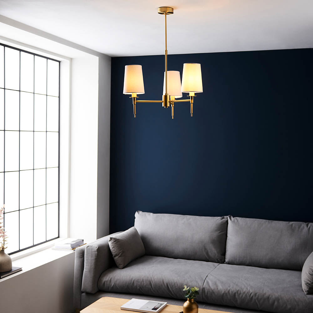 Utopia Eton 3 Light Multi Arm Pendant - Satin Brass & Tapered Shades