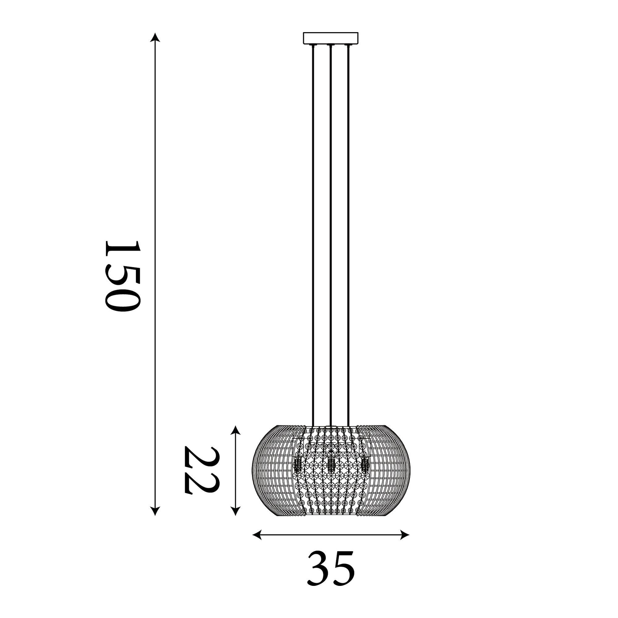 Line drawing of the Cage 4 light pendant showing a 150cm maximum drop, 35cm wide and 22cm deep drum shade