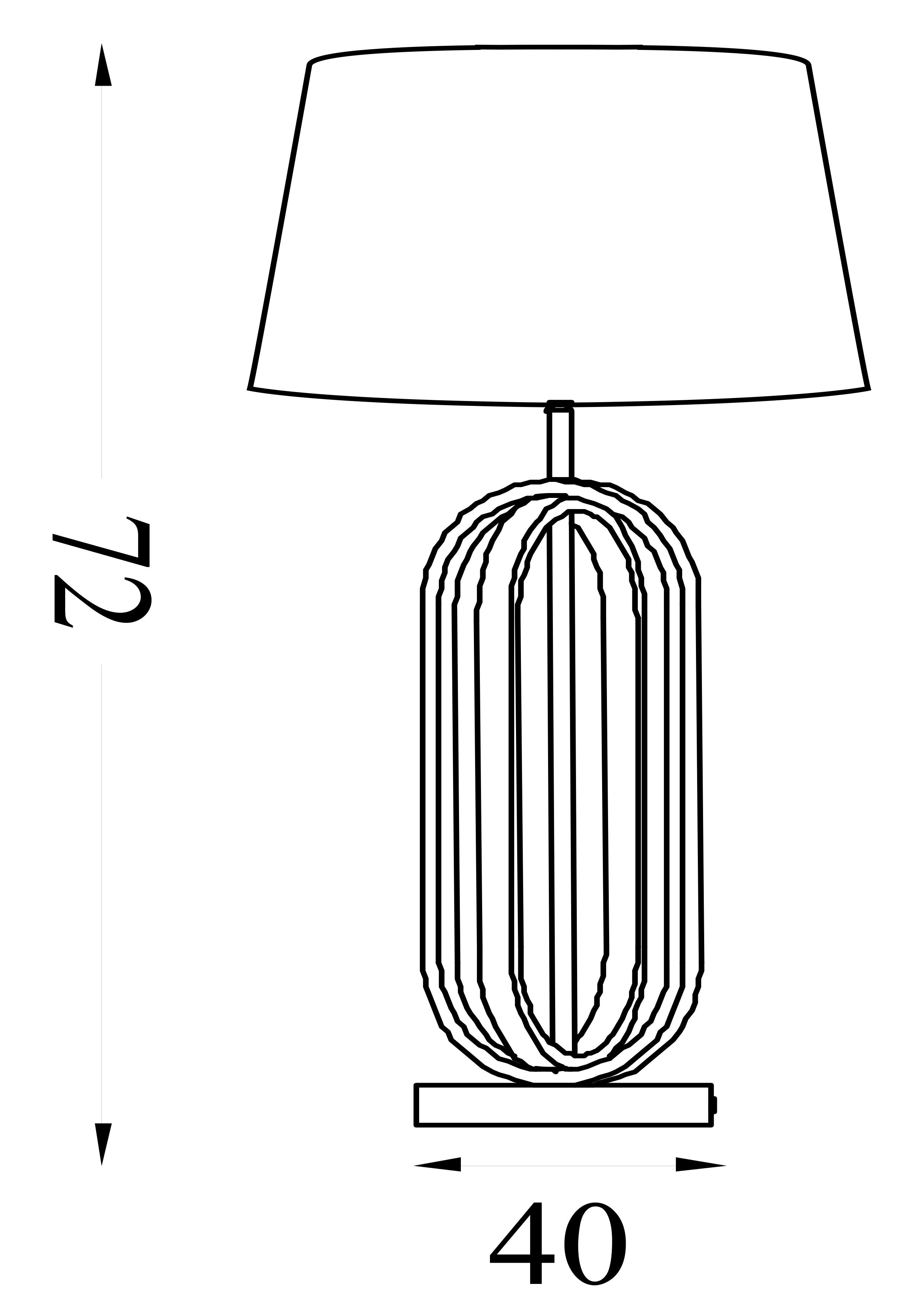 Technical line drawing of the lamp showing a height of 72cm and a base width of 40cm