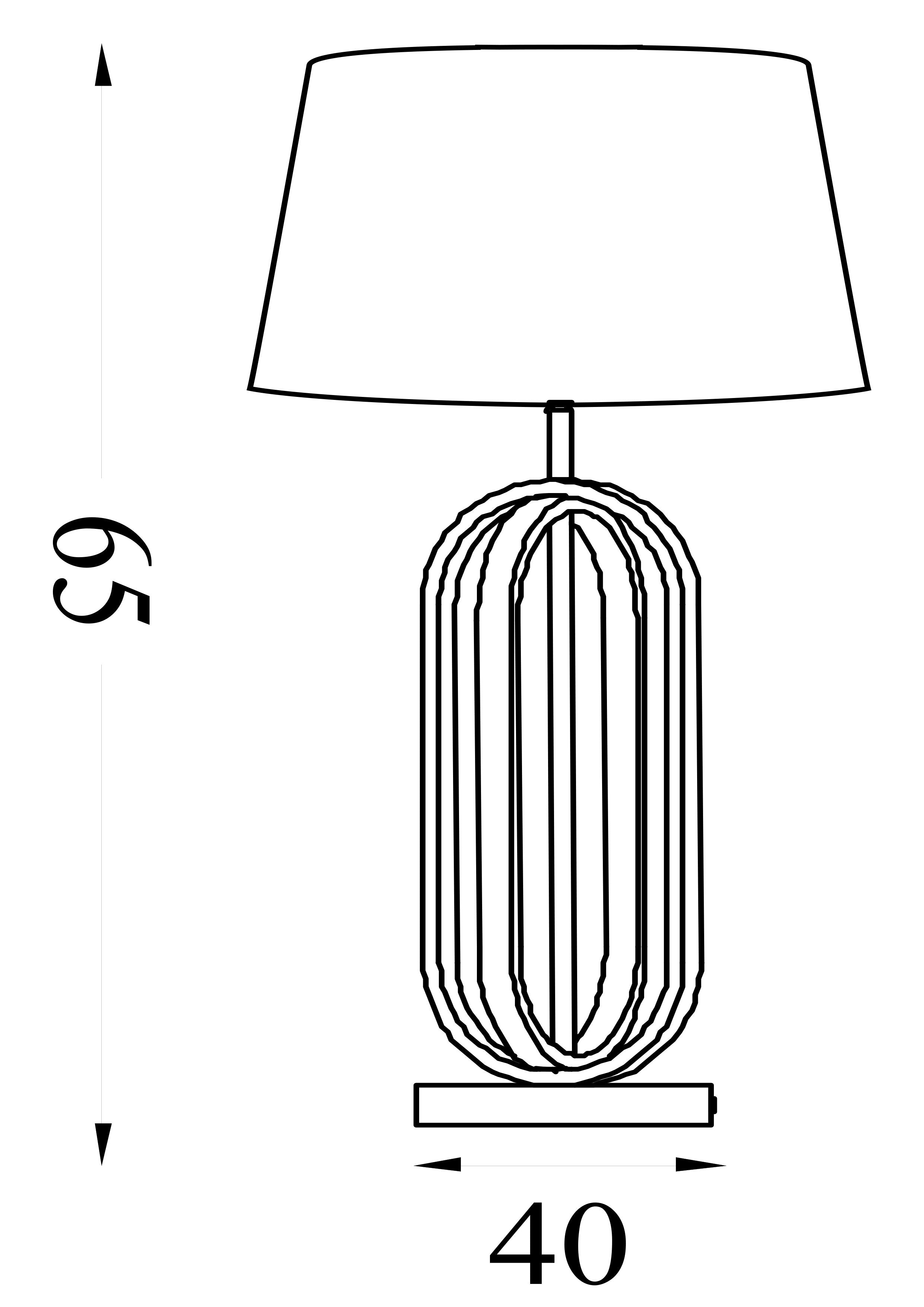 Technical line drawing of the lamp showing a height of 65cm and a base width of 40cm