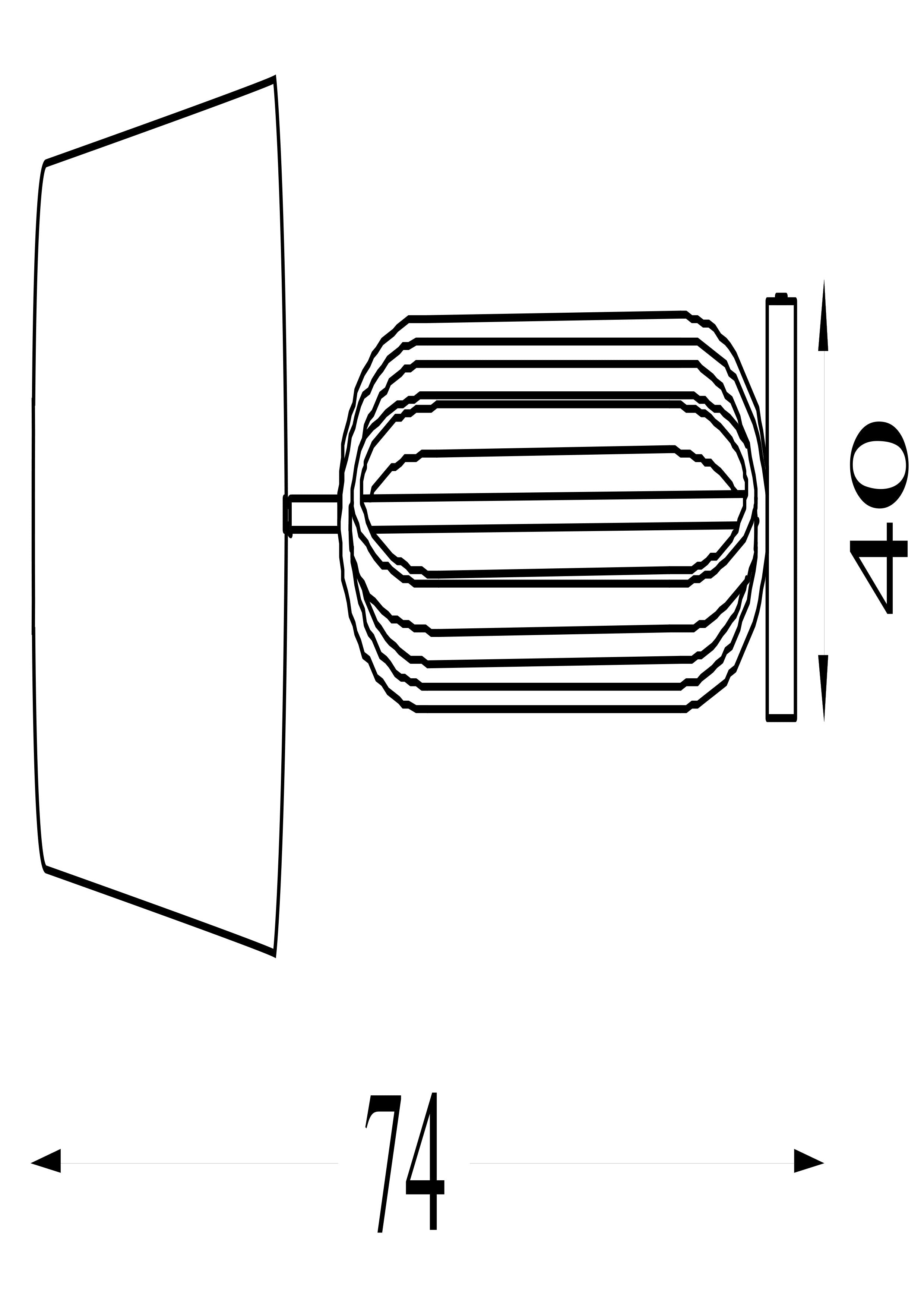 Technical line drawing of the lamp showing a height of 74cm and a base width of 40cm
