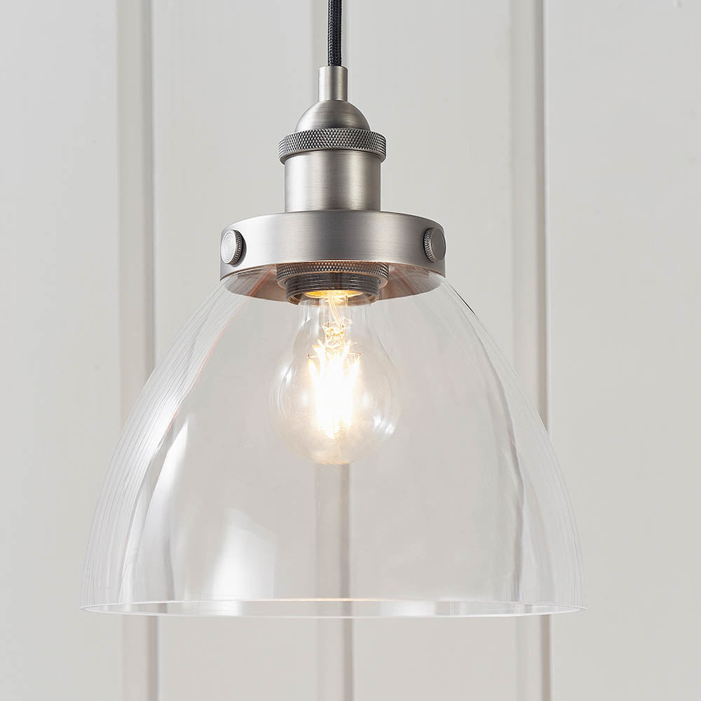Endon Hansen Single Light Pendant - Brushed Silver Paint & Clear Glass