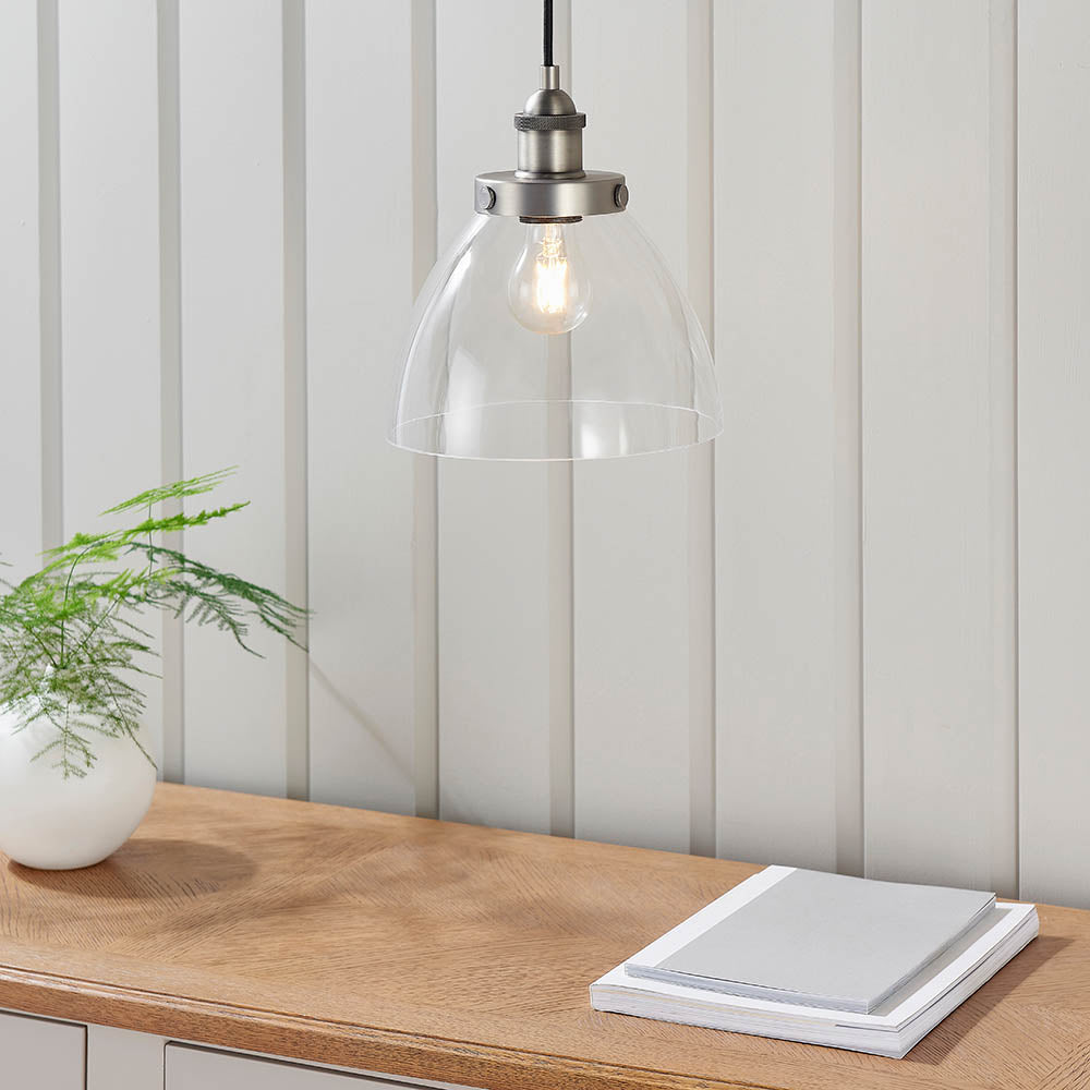 Endon Hansen Single Light Pendant - Brushed Silver Paint & Clear Glass