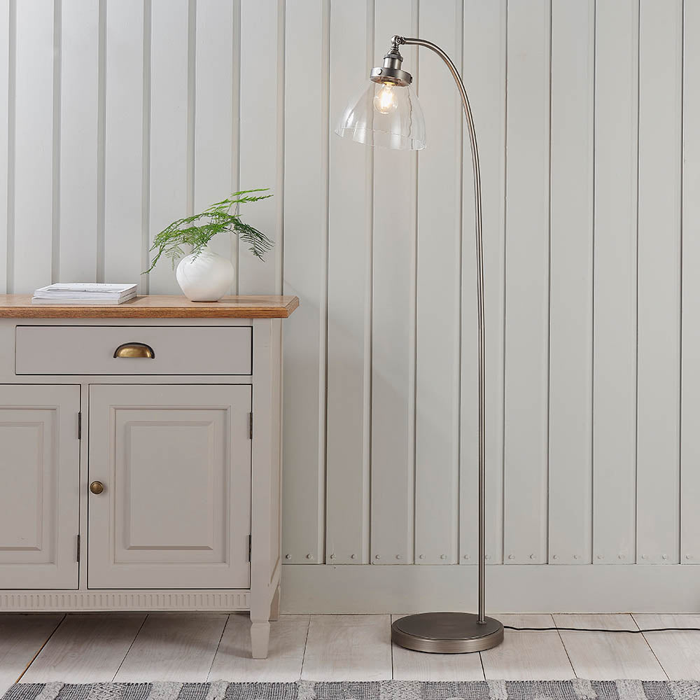 Endon Hansen Single Light Floor Lamp - Brushed Silver Paint & Clear Glass