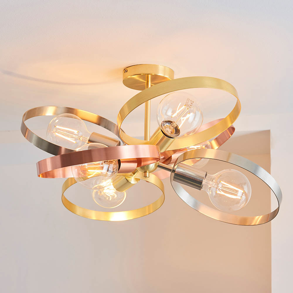 Endon Hoop 6 Light Semi Flush Fitting - Satin Brass & Brushed Copper Plate