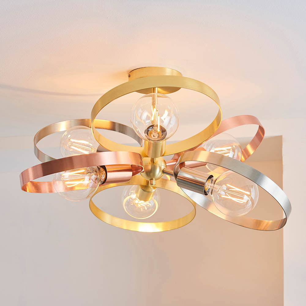 Endon Hoop 6 Light Semi Flush Fitting - Satin Brass & Brushed Copper Plate