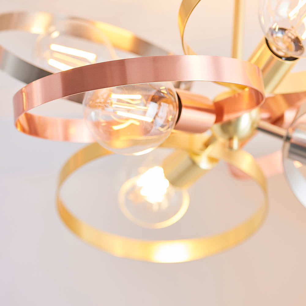 Endon Hoop 6 Light Semi Flush Fitting - Satin Brass & Brushed Copper Plate