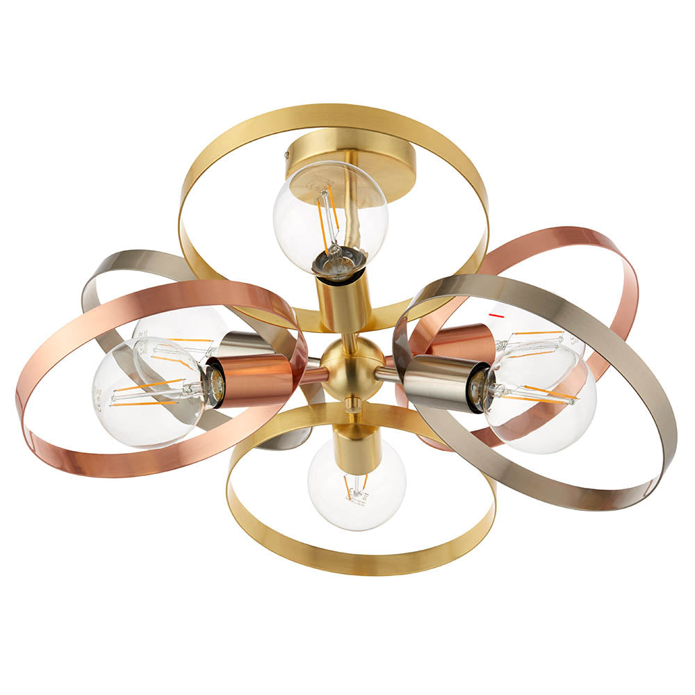 Endon Hoop 6 Light Semi Flush Fitting - Satin Brass & Brushed Copper Plate