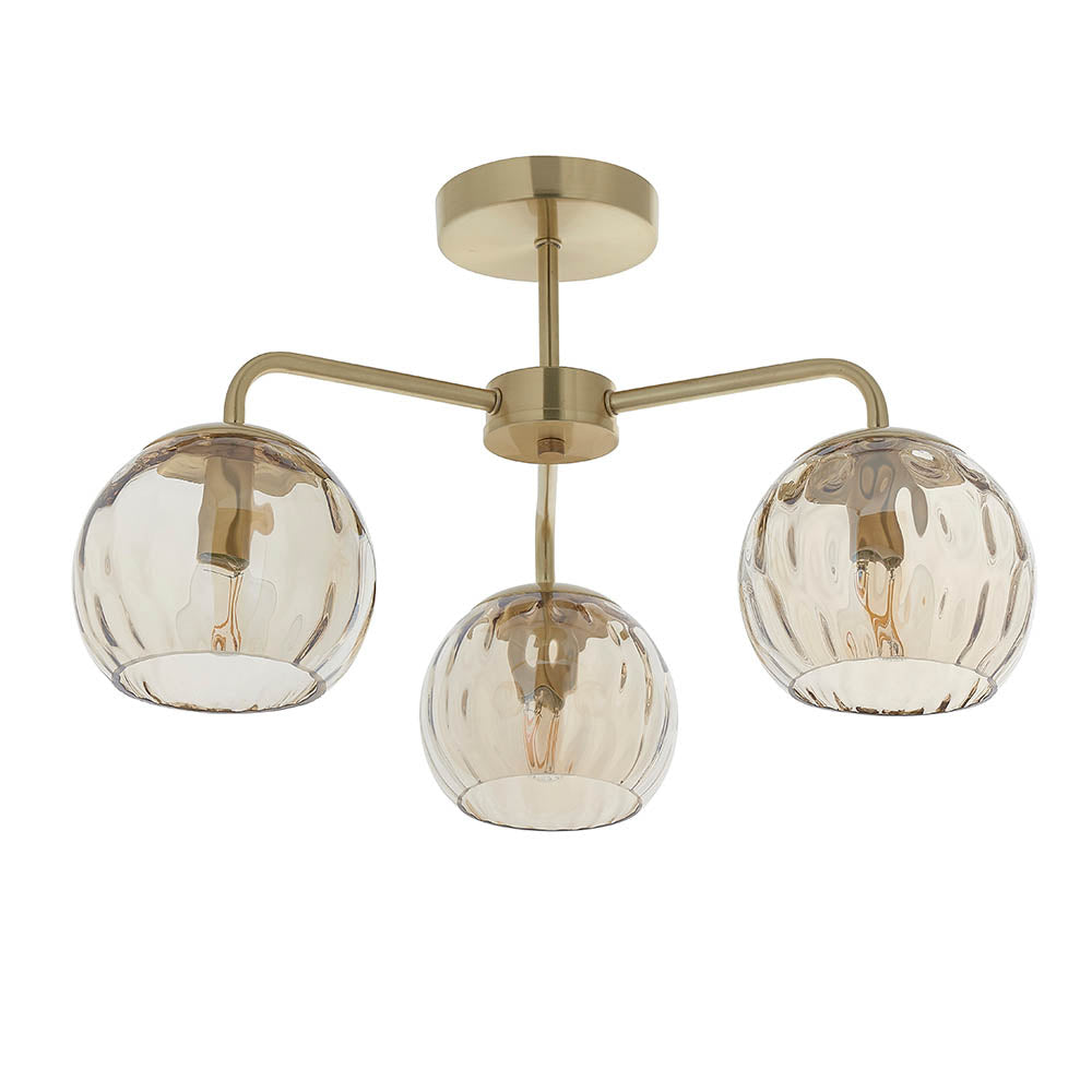 Endon Dimple 3 Light Semi Flush Fitting - Satin Brass Plate & Champagne Lustre Glass