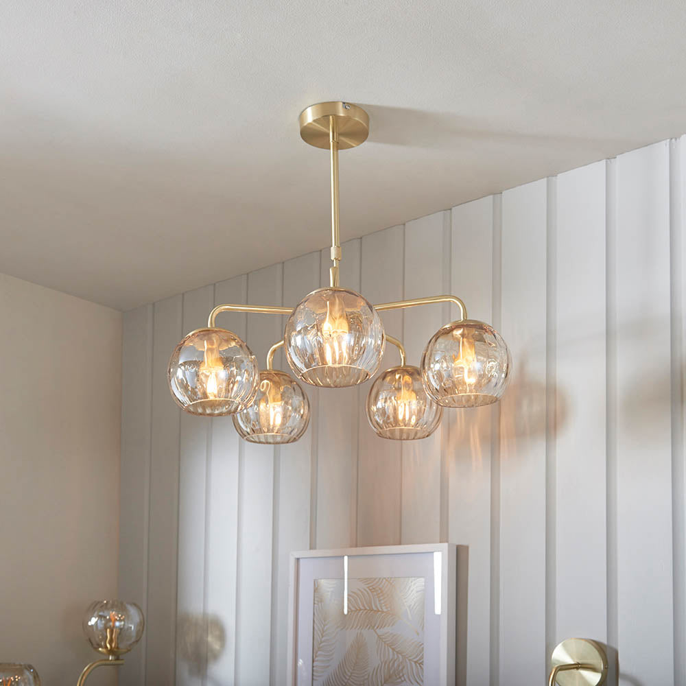 Endon Dimple 5 Light Pendant - Satin Brass Plate & Champagne Lustre Glass