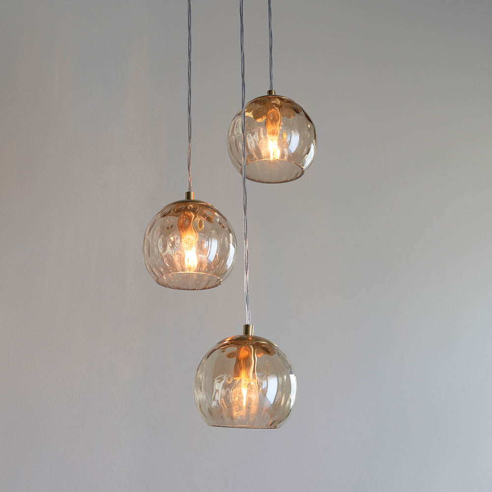 Endon Dimple 3 Light Pendant -  Satin Brass Plate & Champagne Lustre Glass