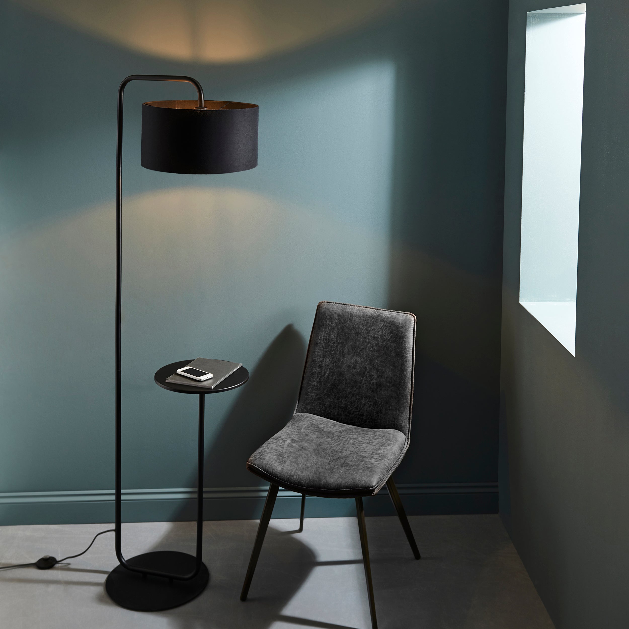 Endon The Modern Floor Lamp With Table - Satin Black With Black Shade