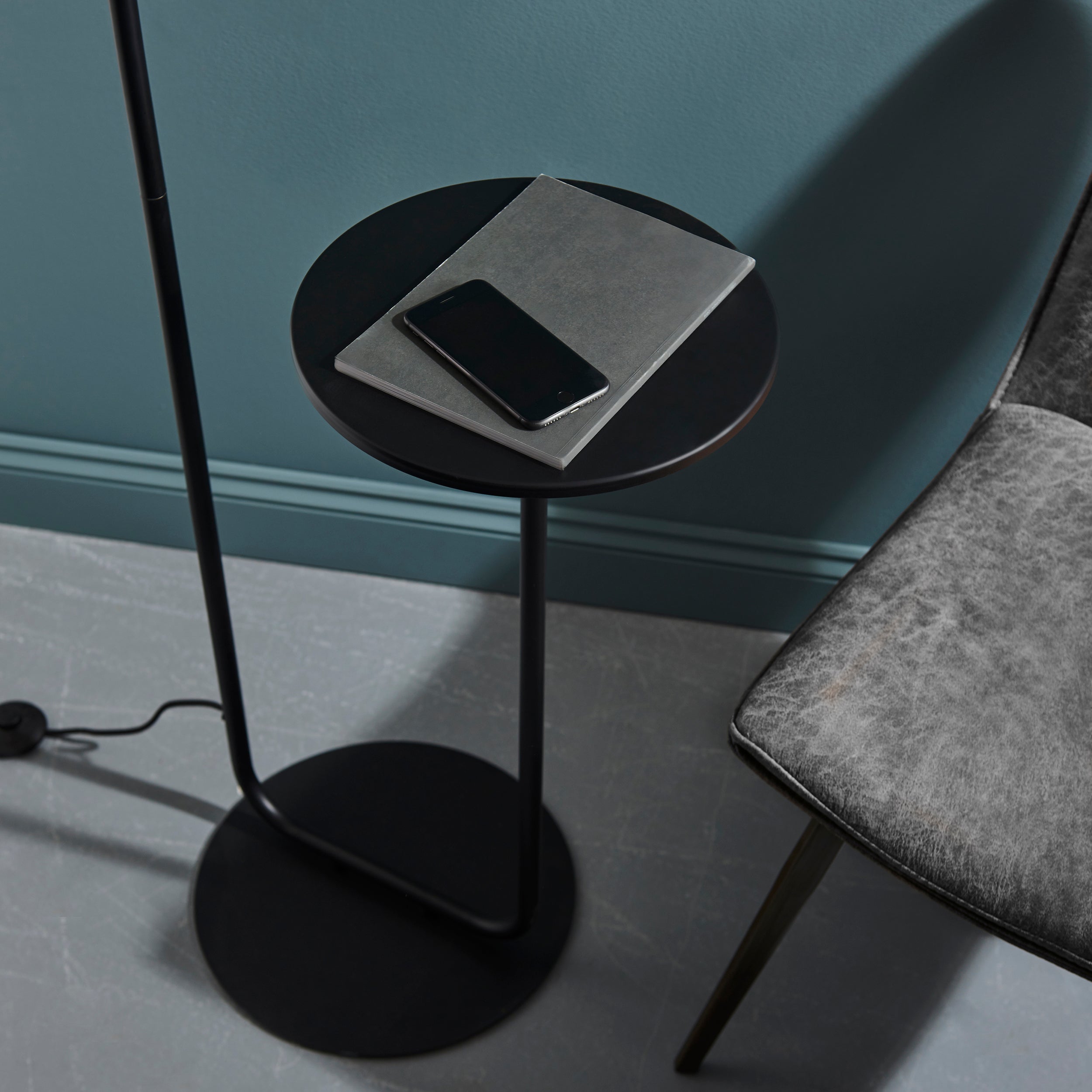 Endon The Modern Floor Lamp With Table - Satin Black With Black Shade