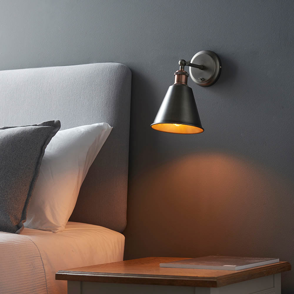 Endon Hal Single Light Wall Light with Shade - Aged Pewter & Aged Copper Plate