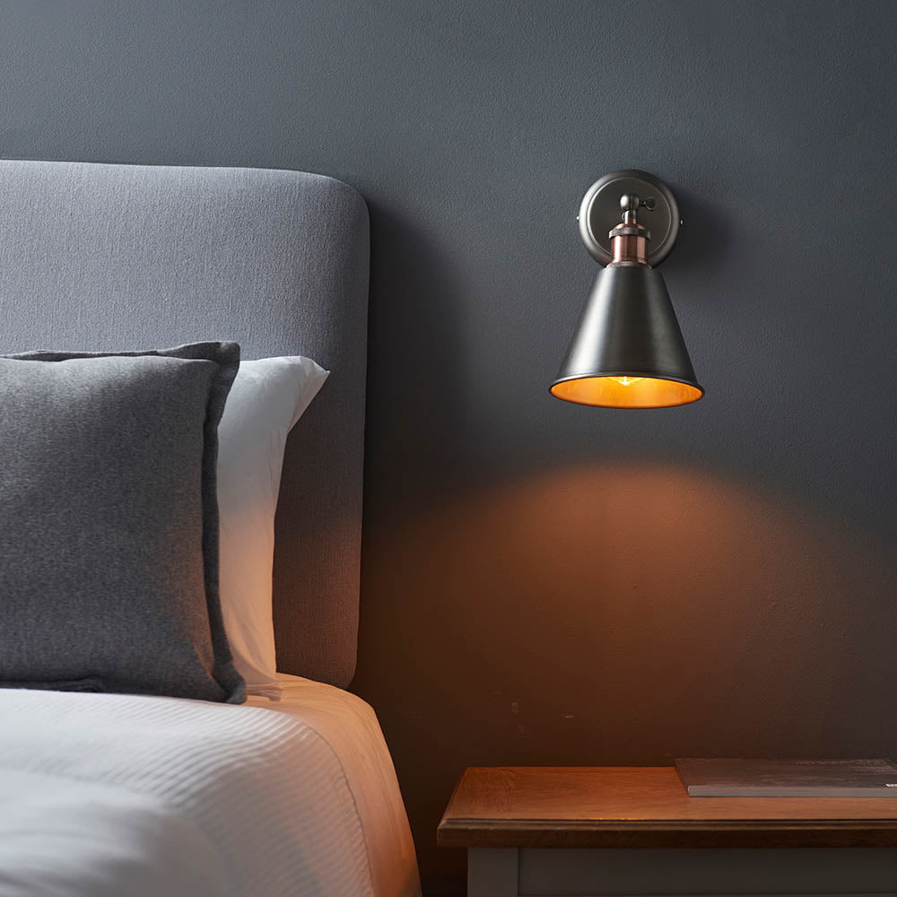 Endon Hal Single Light Wall Light with Shade - Aged Pewter & Aged Copper Plate