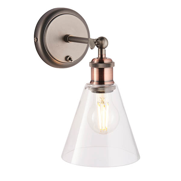 Endon Hal Single Light Wall Light with Glass Shade - Aged Pewter & Aged Copper Plate