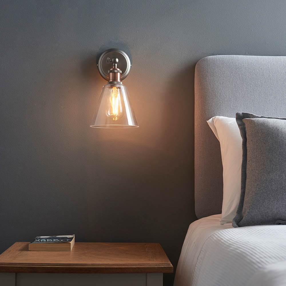 Endon Hal Single Light Wall Light with Glass Shade - Aged Pewter & Aged Copper Plate