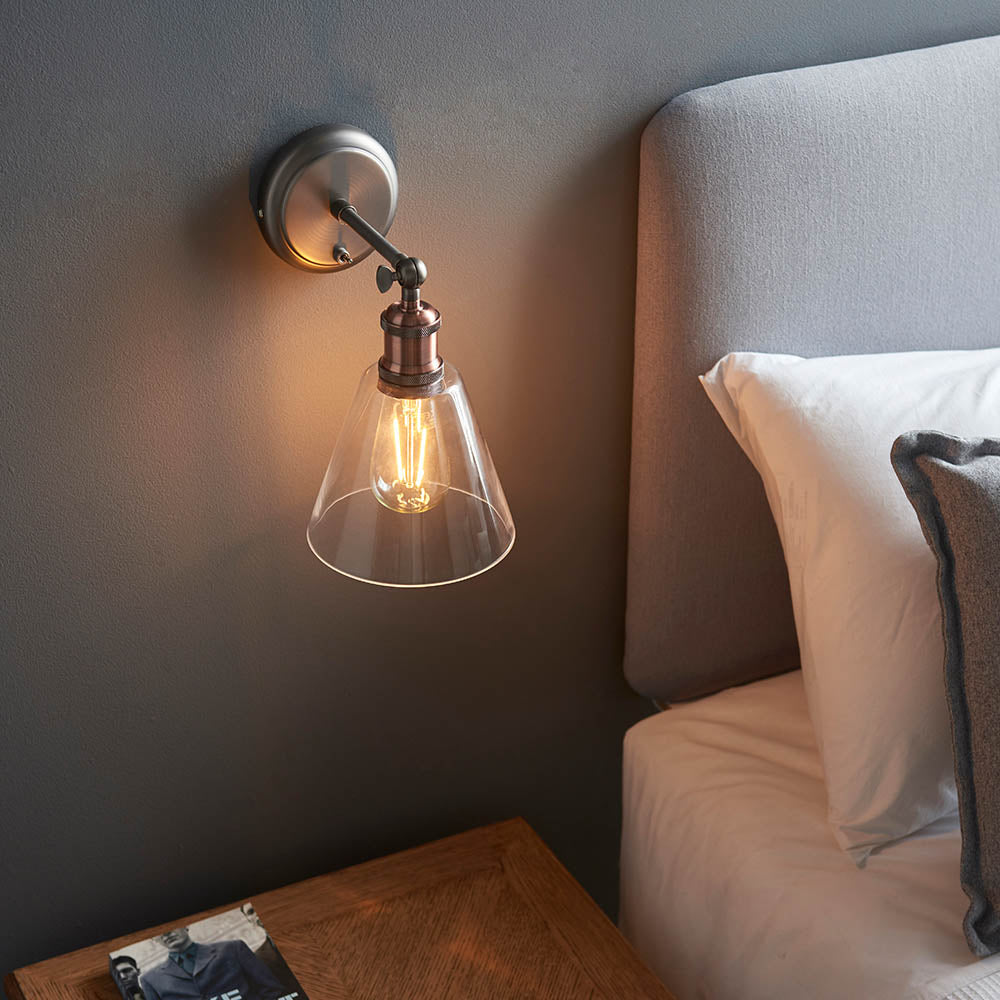 Endon Hal Single Light Wall Light with Glass Shade - Aged Pewter & Aged Copper Plate