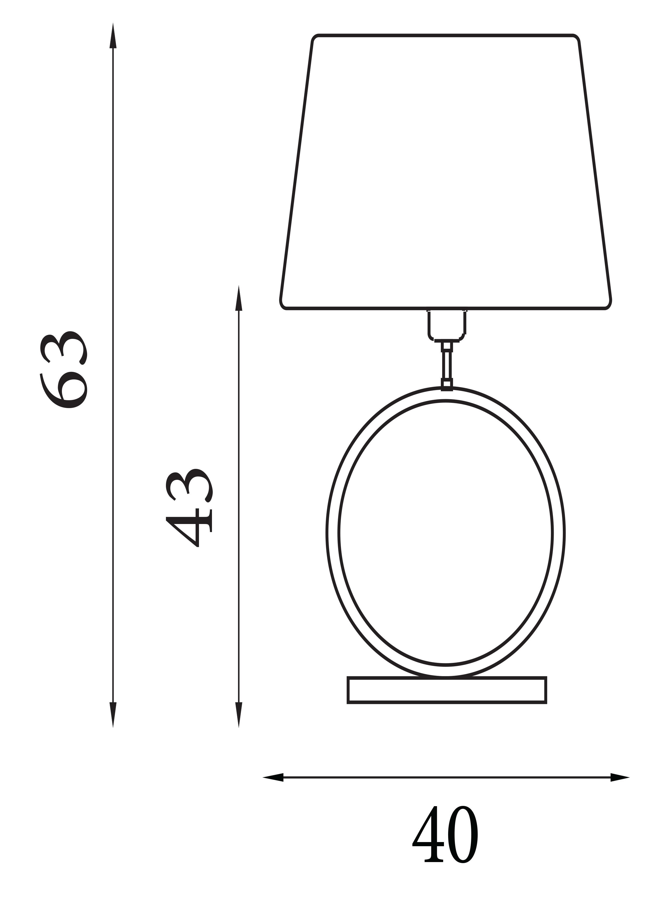 Line drawing of the Elegant table lamp with dimensions, 63cm tall, 43cm to the top of the base ring, 40cm wide base