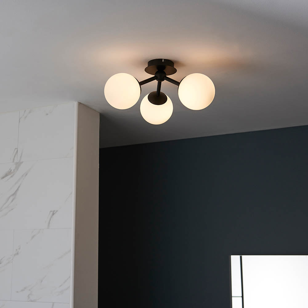 Endon Pulsa 3 Light Semi Flush - Matt Black & Matt White Glass
