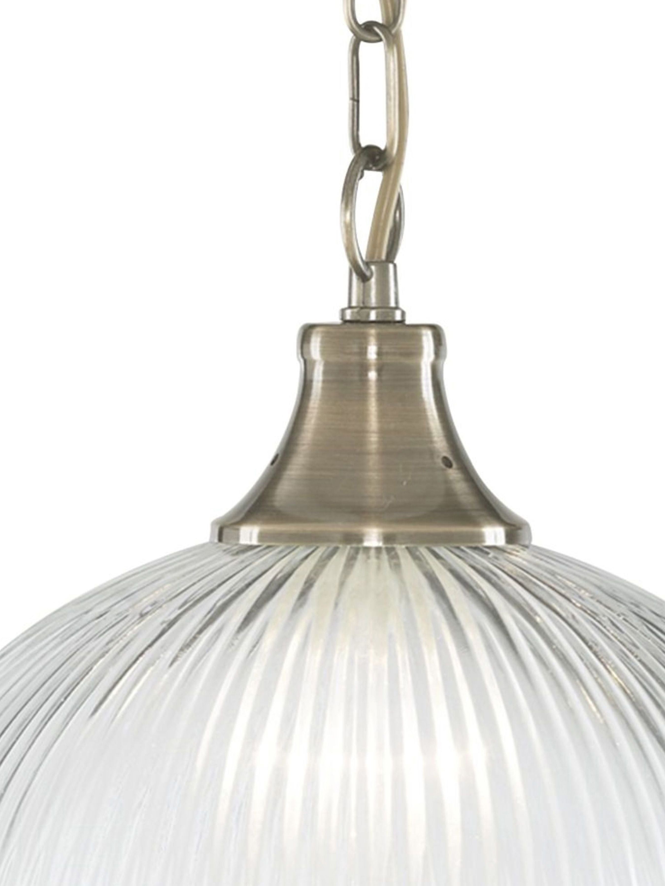 Close up of the American Diner pendant fitting showing the chain, ceiling gallery and top of the ribbed glass shade