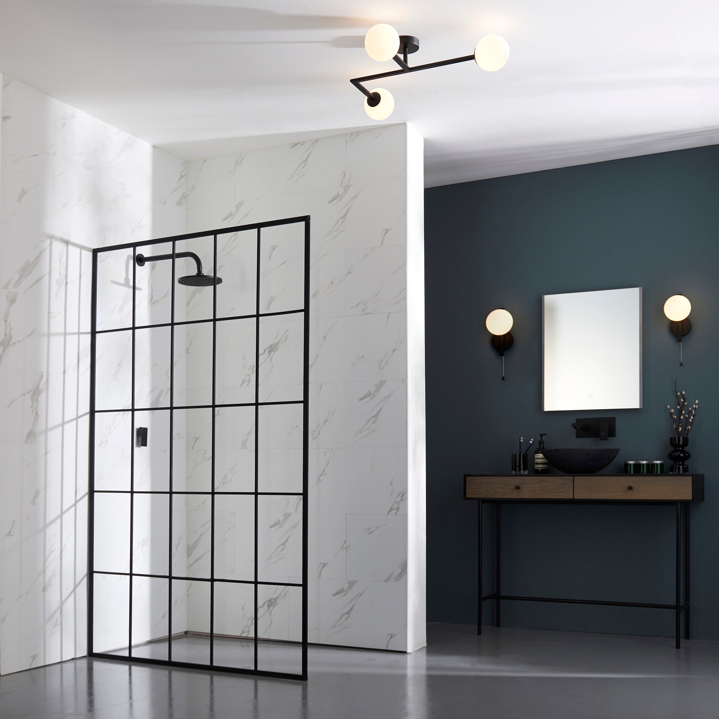 Endon Linear Metal Semi Flush Fitting - Matt Black With White Globe