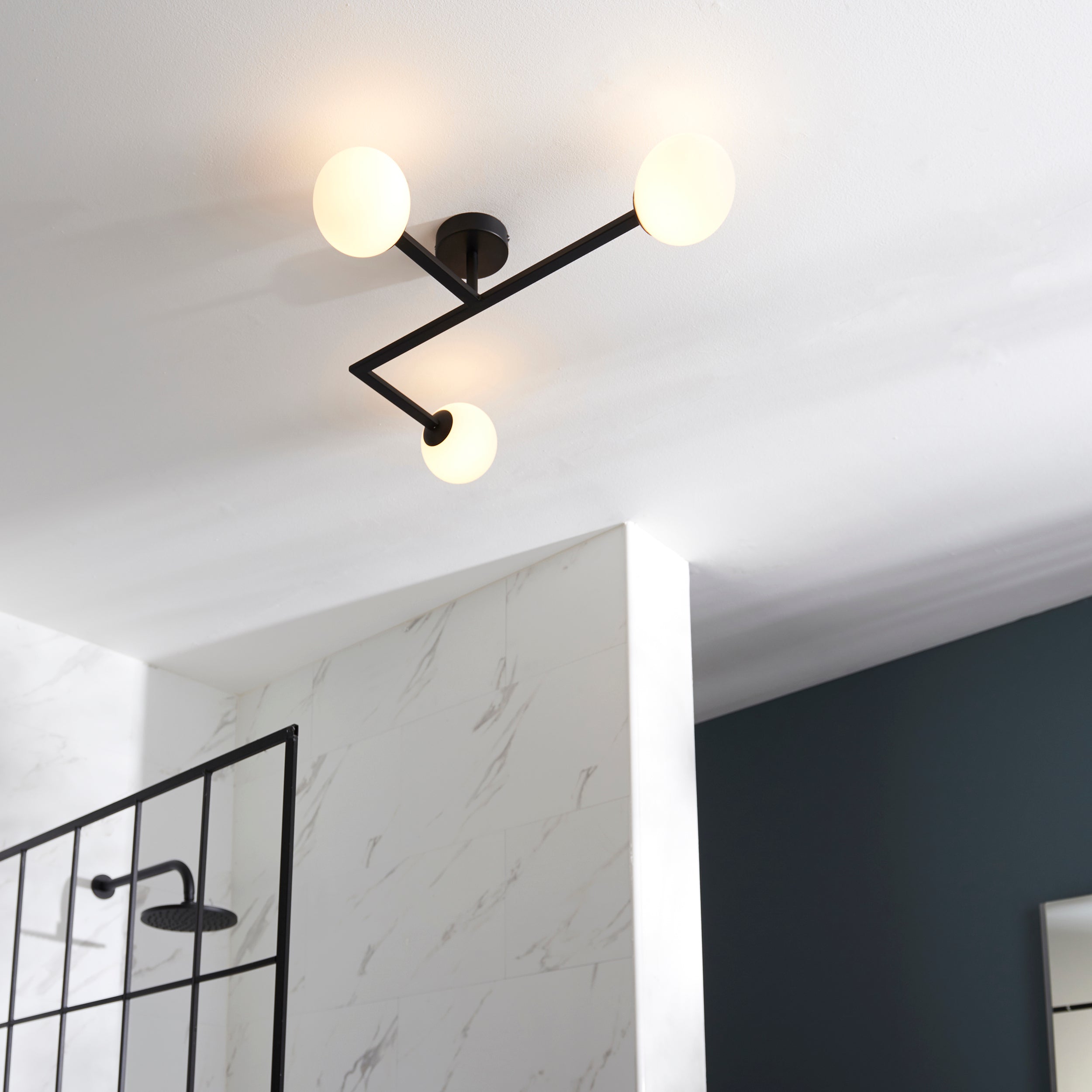 Endon Linear Metal Semi Flush Fitting - Matt Black With White Globe