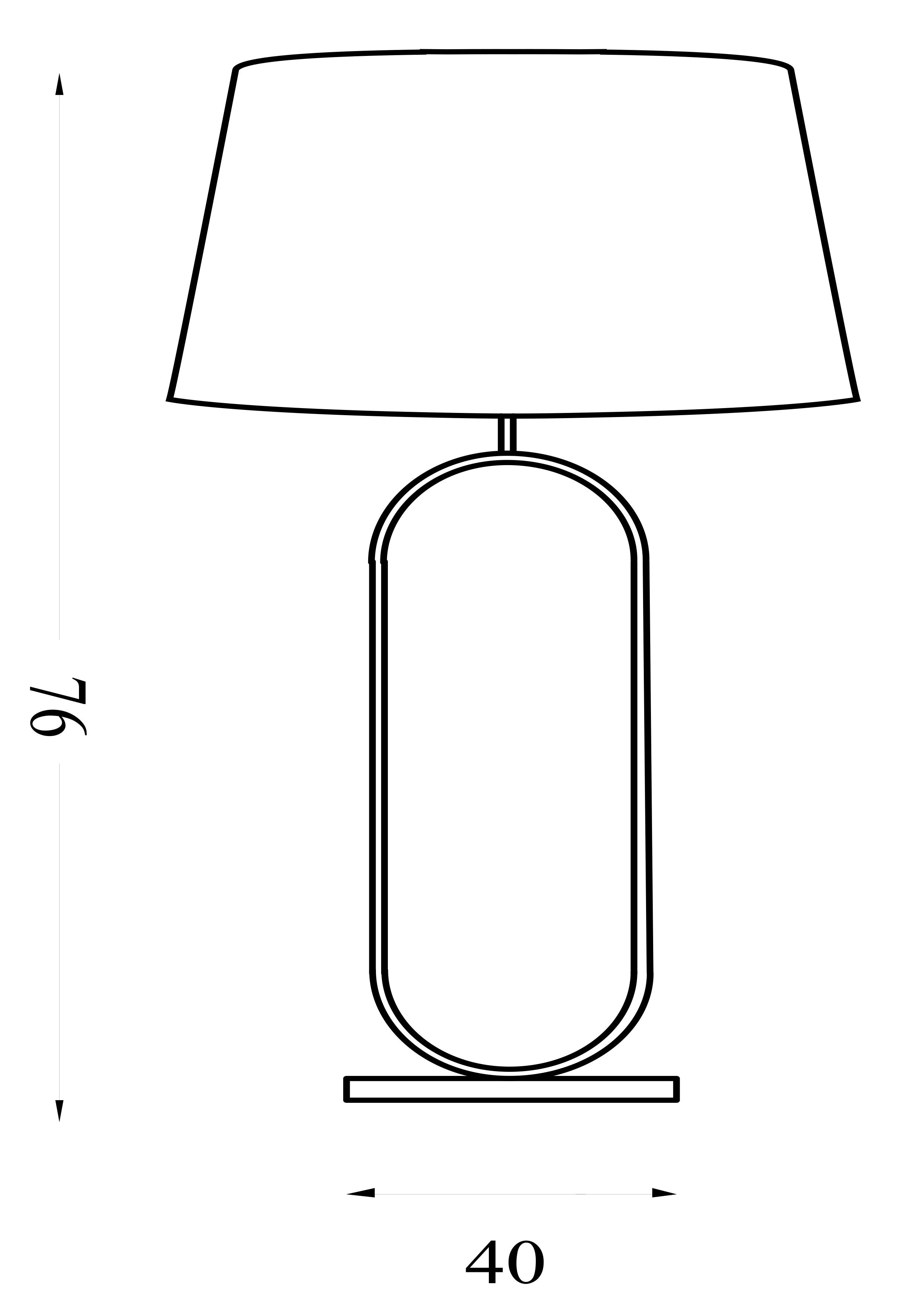 Line drawing of the Modish table lamp showing the tall oval base and tapered shade in profile, with a total height of 76cm and a width of 40cm.