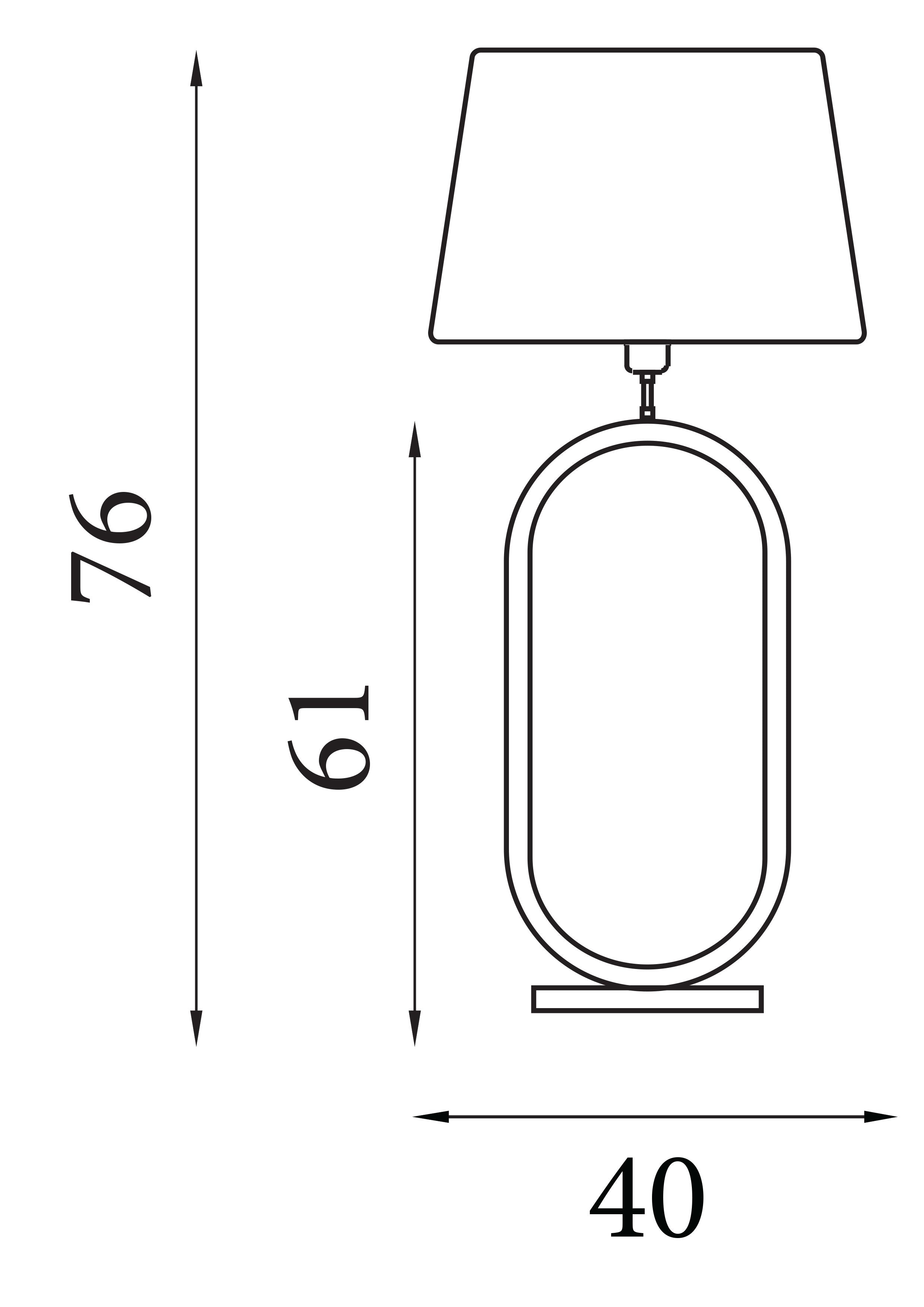 Line drawing of the Modish table lamp showing an overall height of 76cm, a base height of 61cm and a width of 40cm