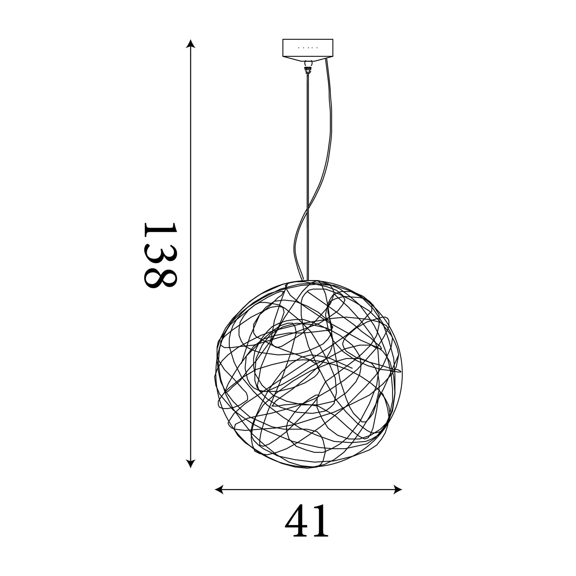 Line drawing showing the Scribble pendant's dimensions, 41cm diameter and adjustable up to 138cm drop