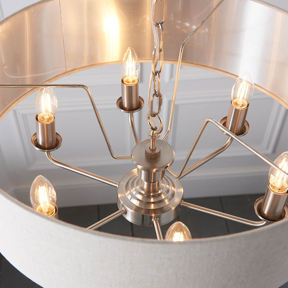 Endon Highclere 6 Light Pendant - Brushed Chrome Plate & Neutral Linen