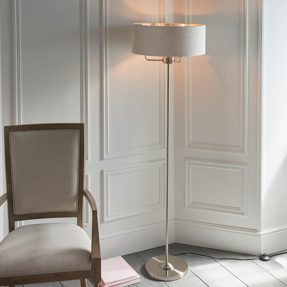 Endon Highclere 3 Light Floor Lamp - Brushed Chrome Plate & Neutral Linen