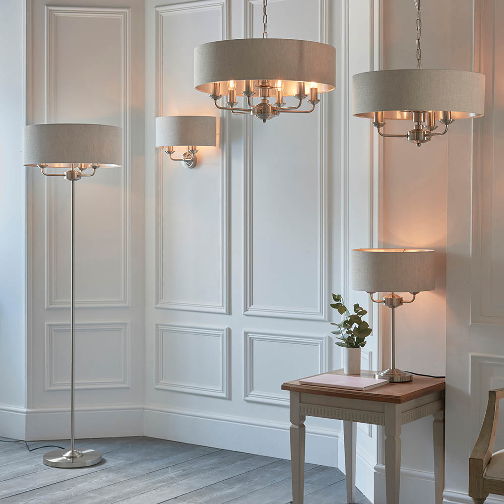 Endon Highclere 3 Light Floor Lamp - Brushed Chrome Plate & Neutral Linen