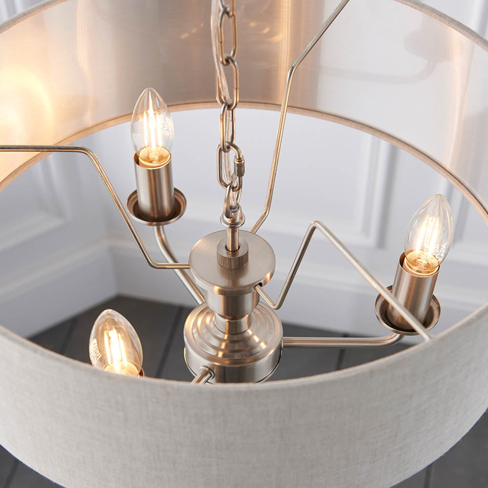 Endon Highclere 3 Light Pendant - Brushed Chrome Plate & Neutral Linen