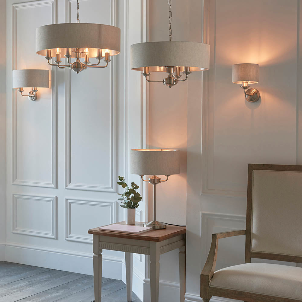 Endon Highclere 3 Light Table Lamp - Brushed Chrome Plate & Neutral Linen