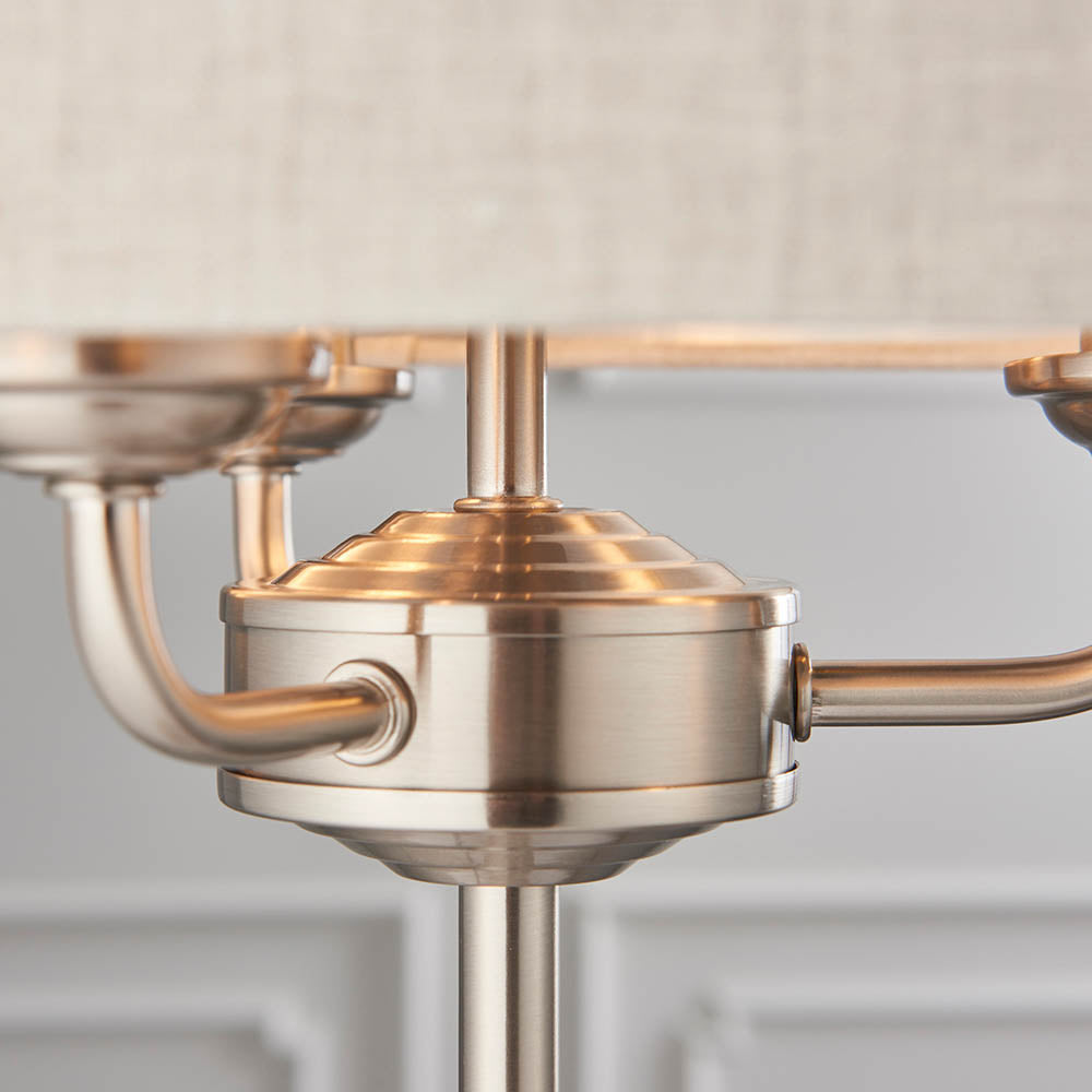 Endon Highclere 3 Light Table Lamp - Brushed Chrome Plate & Neutral Linen