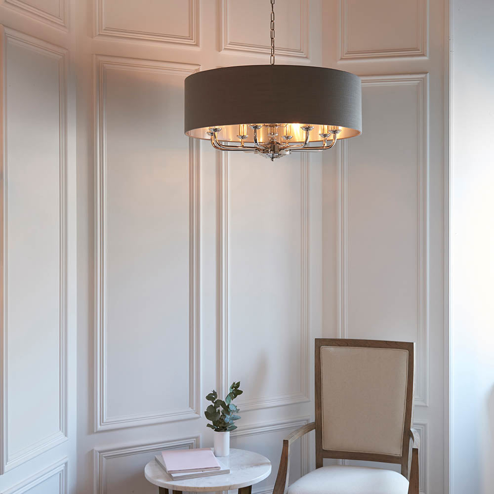 Endon Highclere 6 Light Pendant - Bright Nickel Plate & Charcoal Fabric