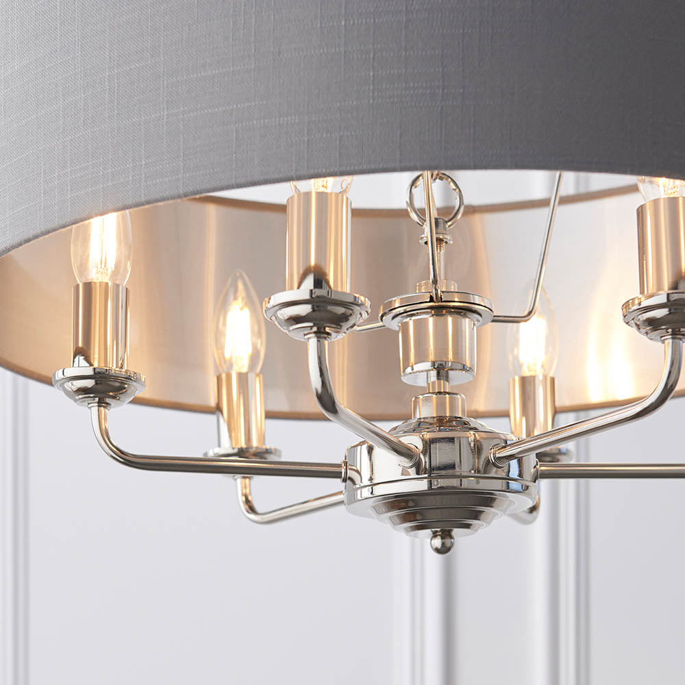 Endon Highclere 6 Light Pendant - Bright Nickel Plate & Charcoal Fabric
