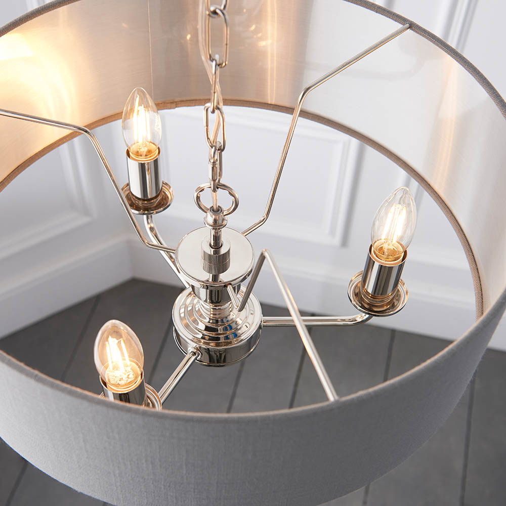 Endon Highclere 3 Light Pendant - Bright Nickel Plate & Charcoal Fabric