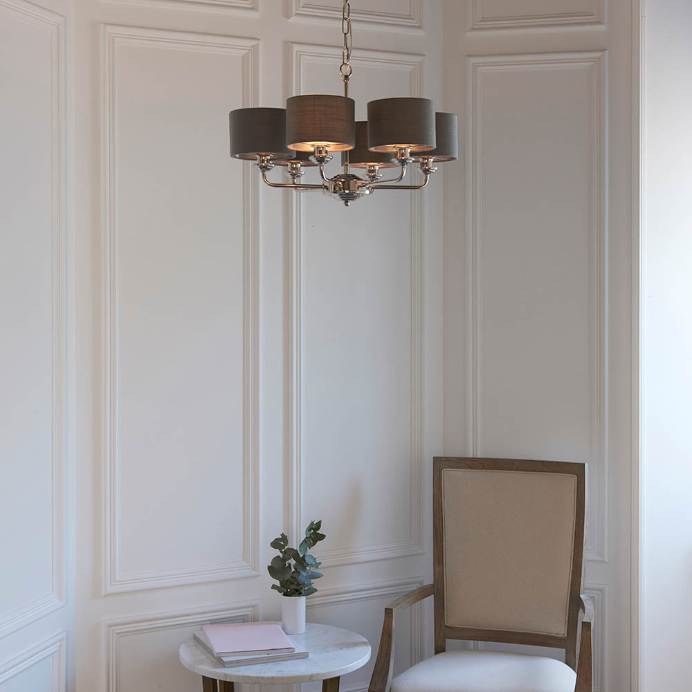 Endon Highclere 6 Light Arm Pendant - Bright Nickel Plate & Charcoal Fabric
