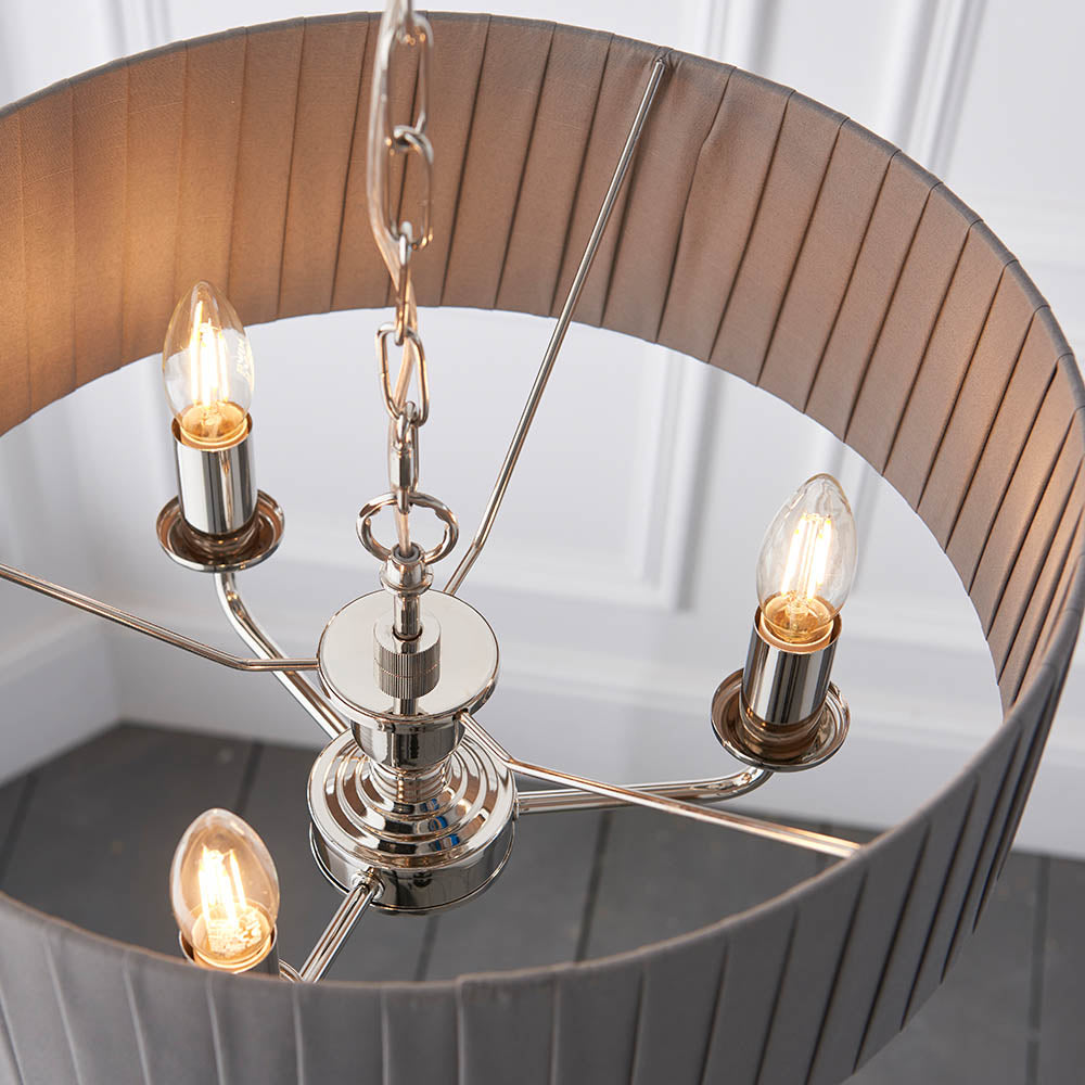 Endon Highclere 3 Light Pendant - Bright Nickel Plate & Wrapped Charcoal Fabric