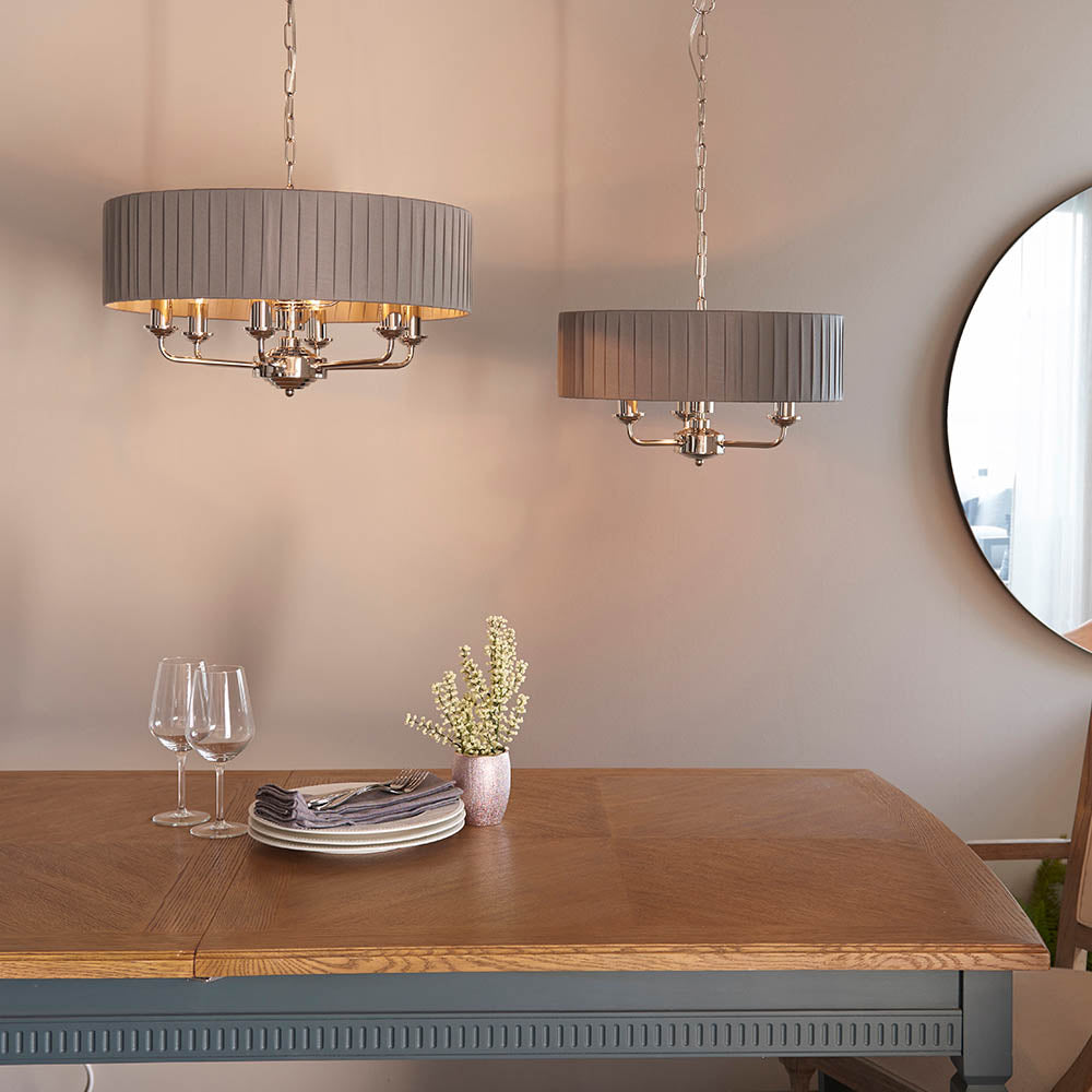 Endon Highclere 6 Light Pendant - Bright Nickel Plate & Wrapped Charcoal Fabric