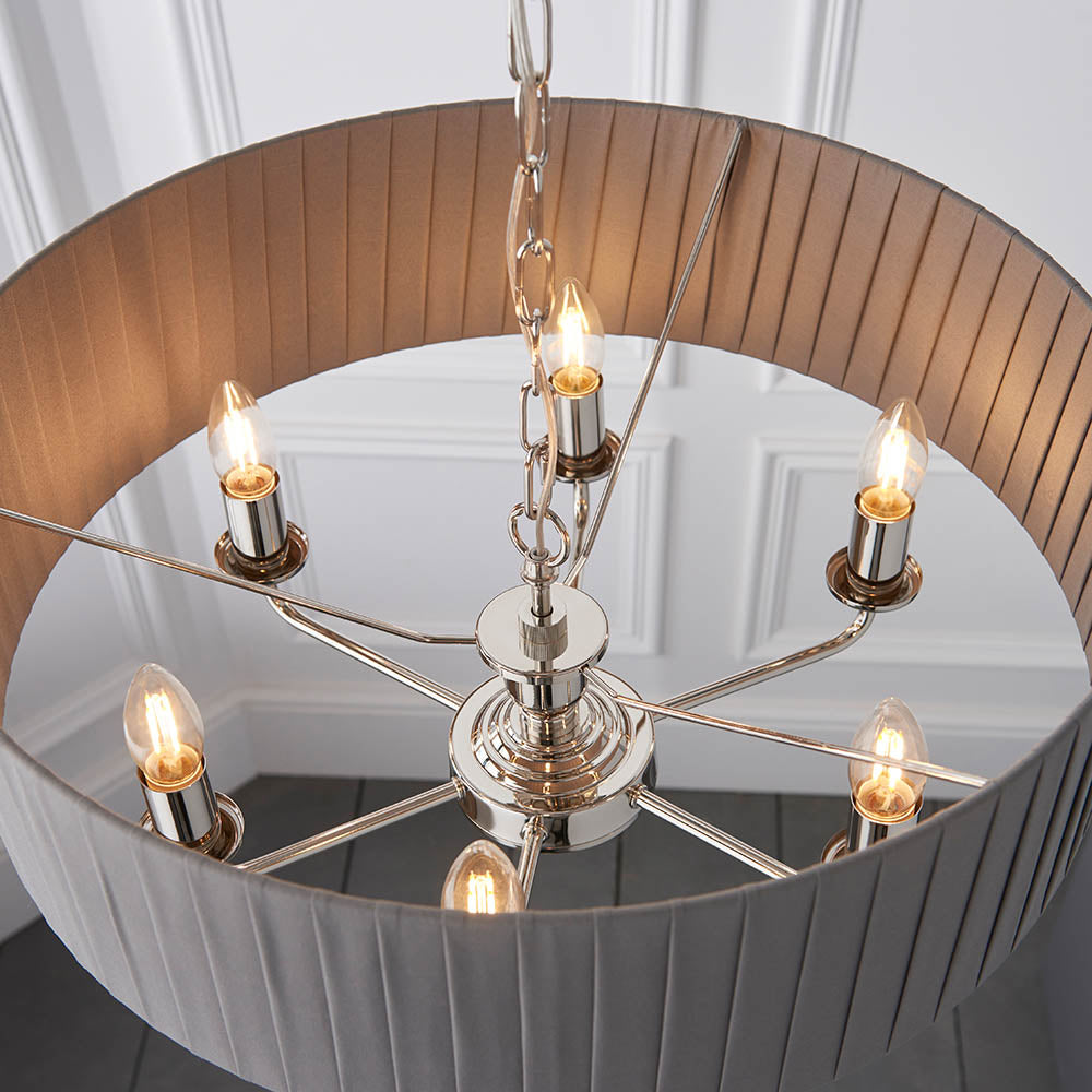 Endon Highclere 6 Light Pendant - Bright Nickel Plate & Wrapped Charcoal Fabric